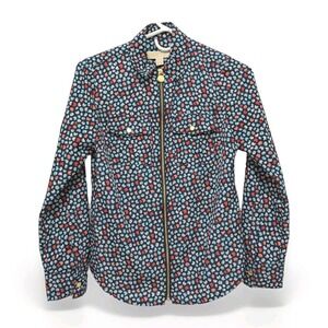 Michael Kors Full Zip Floral Blouse Womens XS Roll Tab Sleeve Navy Pink Feminine